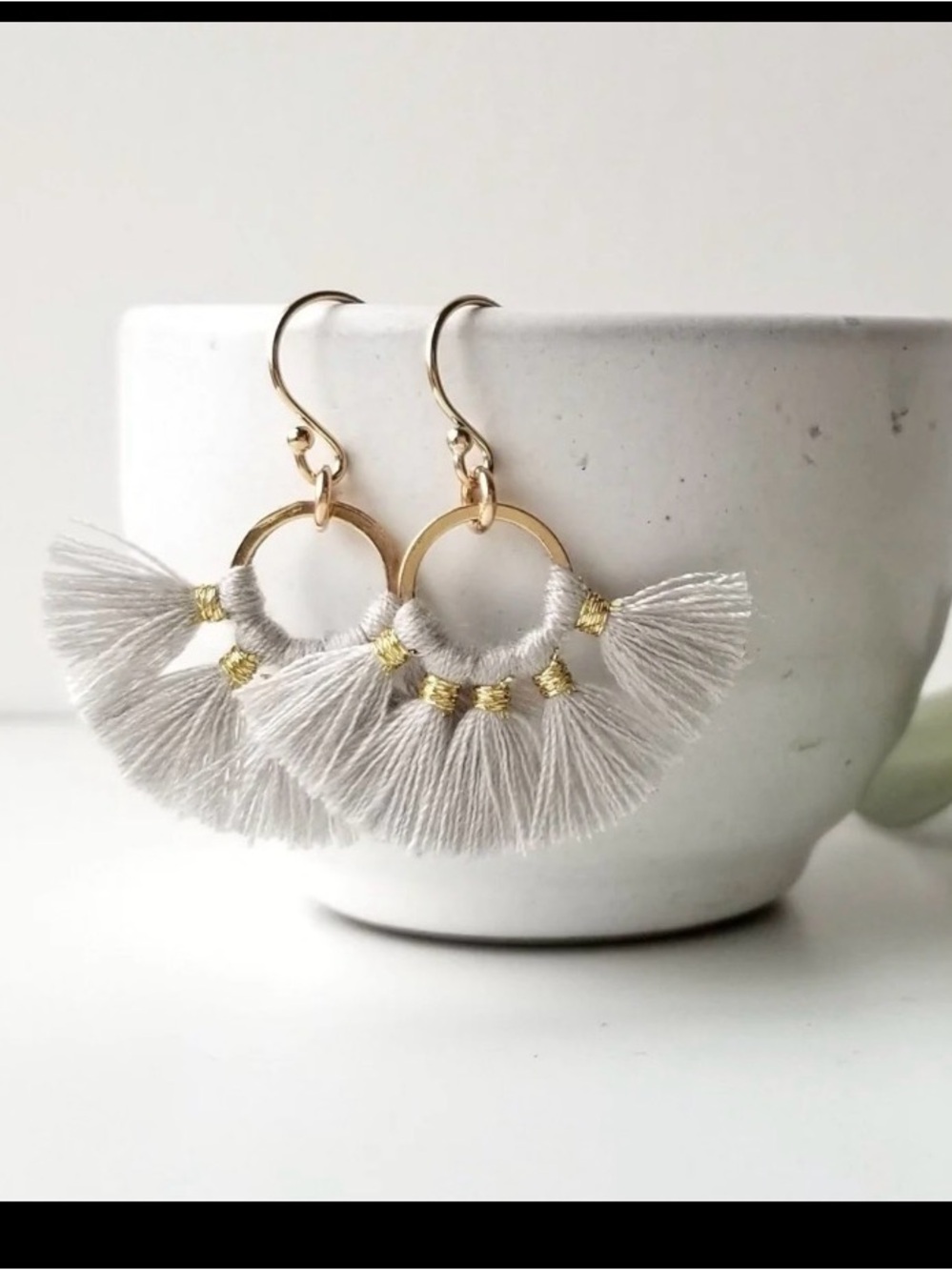 Grey Fringe Hoop Earrings with Gold Accents